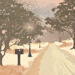 Local road with old mailbox and vintage lighting poles at countryside landscape in autumn season