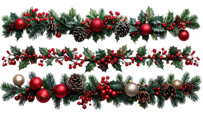 Festive holiday garlands with ornaments, berries, pinecones, and greenery