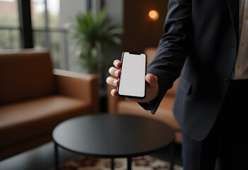 Businessman holding smartphone with blank white screen on modern coffee table in upscale lounge, mobile mockup and modern lifestyle concept