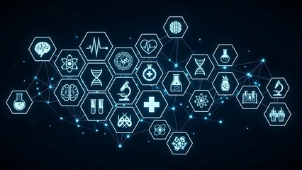Glowing blue medical and science icons in a network
