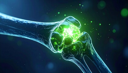 Conceptual visualization of vibrant green energy within a translucent human bone joint, illustrating therapeutic regeneration and advanced healthcare technology