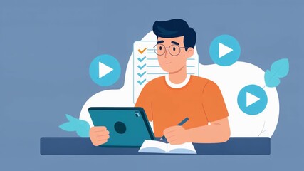 A focused young man in glasses diligently studies online, surrounded by digital learning elements and video play icons, representing modern education. - Powered by Adobe