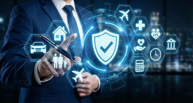 
Businessman touching digital screen with insurance icons. Concept of online insurance service, protection plan, financial security, and insurtech innovation for health, travel, and property coverage. - Powered by Adobe