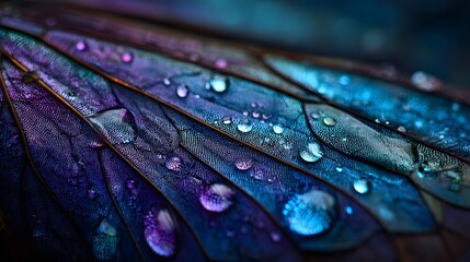 Close-up of a vibrant, iridescent wing with water droplets, showcasing intricate details and textures.