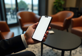 Businessman holding smartphone with blank white screen on modern coffee table in upscale lounge, mobile mockup and modern lifestyle concept