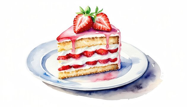 Watercolor painting of a tasty strawberry cake slice