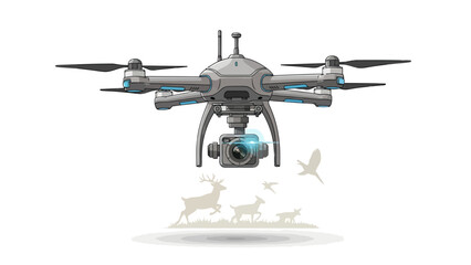 Drone hovers above silhouettes of deer and birds on grass