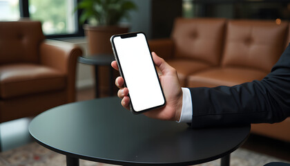 Businessman holding smartphone with blank white screen on modern coffee table in upscale lounge, mobile mockup and modern lifestyle concept