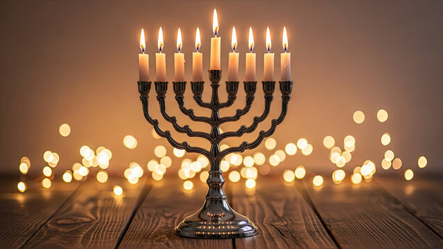 Beautiful hanukkah menorah with lit candles on wooden table - Powered by Adobe