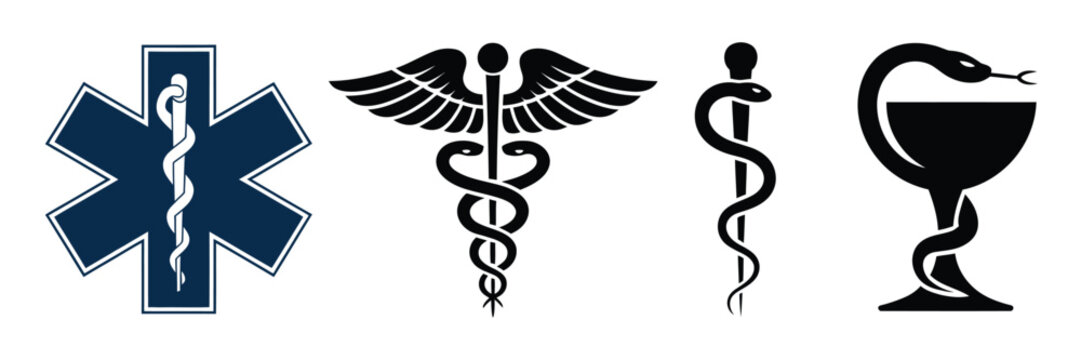 Medical and healthcare symbols collection featuring vector caduceus, rod of asclepius and bowl of hygieia, perfect for health, hospital, pharmacy and medical illustration projects in vector style.