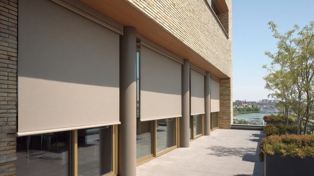 Modern outdoor roller blinds on a building balcony for solar protection and privacy