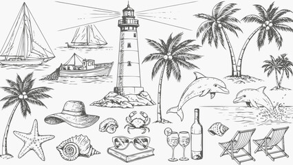 Beach scene with lighthouse and palm trees Vector, illustration