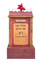 A wooden Christmas post office letter box with a red roof and artificial snow isolated on white background