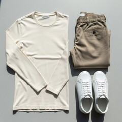 A casual outfit consisting of a beige long-sleeve shirt, khaki pants, and white sneakers laid out on a gray surface from a bird's eye view.