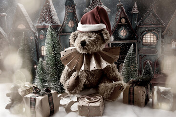 Vintage style teddy bear with paper ruff collar and Santa hat sitting in front of the old town with  color effect