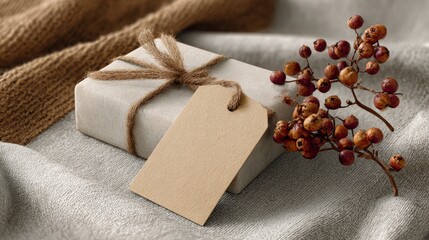 A gift wrapped in beige paper and twine, with a blank tag, resting on textured cloth and beside a branch of berries