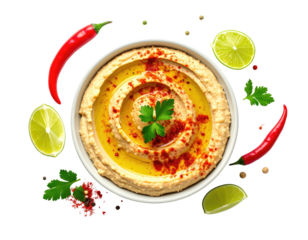 Creamy chickpea dip in white bowl with peppers, limes, and parsley