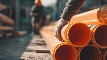 Close-up of a worker handling orange PVC pipes in a construction setting, industrial background.