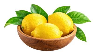 Three ripe yellow citrus fruit in a wooden bowl with green leaves