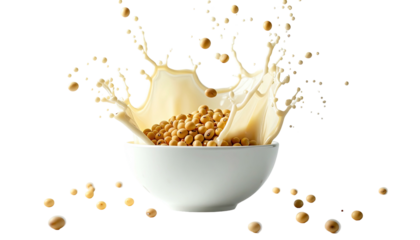 Soybeans spill into a white bowl, forming a splash of creamy liquid