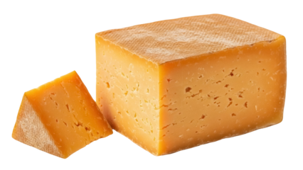 Chunk of cheddar cheese isolated PNG on transparent background, sharp yellow dairy product for cooking and snacking