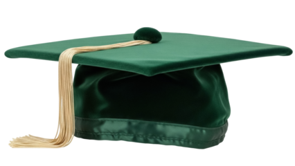 Green graduation cap PNG isolated on transparent background, academic mortarboard with tassel for university or college commencement