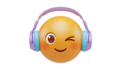 Winking emoji with headphones PNG isolated on transparent background, playful emoticon with music accessory for social media and design