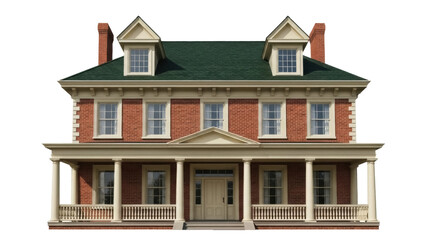 Classic two-story brick house PNG isolated on transparent background, traditional American home with porch and dormers, architecture design element © GODSTOX
