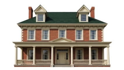 Classic two-story brick house PNG isolated on transparent background, traditional American home with porch and dormers, architecture design element