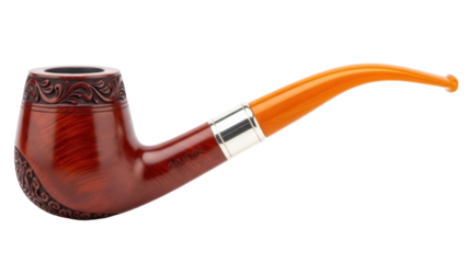 Elegant brown wooden smoking pipe with orange stem isolated PNG, classic tobacco accessory for relaxation and sophisticated lifestyle