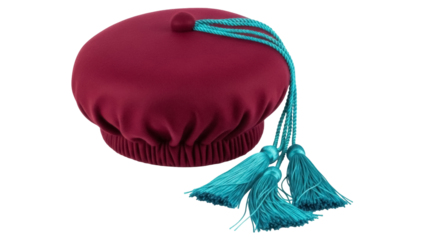 Burgundy velvet academic bonnet with turquoise tassels isolated PNG, graduation cap for university and college ceremonies on transparent background
