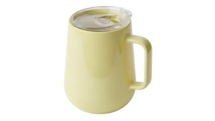 Pale yellow mug with handle and clear lid isolated PNG, modern drinkware for coffee or tea on transparent background