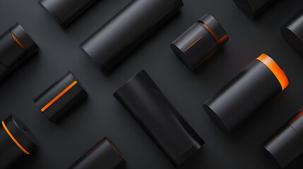 Black and Orange Cylindrical Containers and Bottles on Dark Surface
