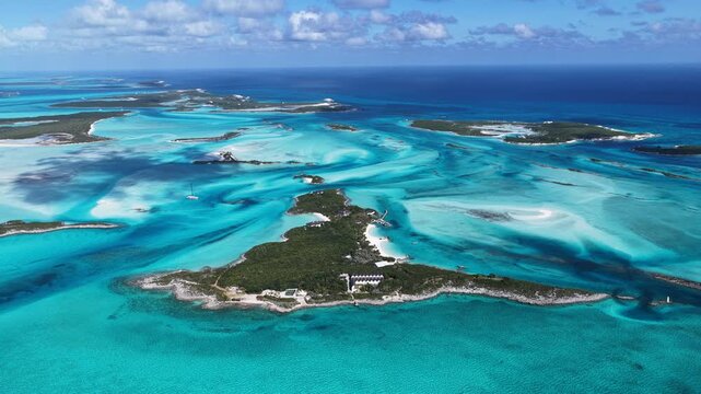 Exuma Skyline At Exuma Islands In Black Point Bahamas. Beach Landscape. Bay Harbor Scenery. Shades Of Blue Watercolor. Exuma Skyline In Exuma Islands In Black Point Bahamas. Amazing Caribbean Sea.