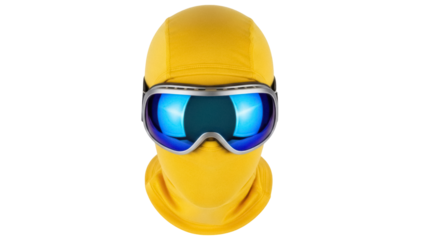 Yellow balaclava with ski goggles isolated PNG, winter sports headwear for snowboarding and skiing apparel design on transparent background