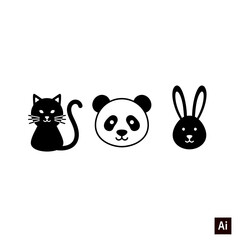 Obraz premium Adorable black and white animal icons featuring a playful cat, cute panda, and cheerful rabbit perfect for kids' designs