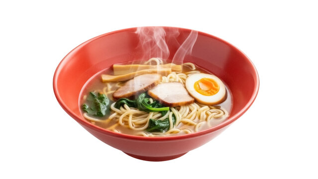 Delicious ramen bowl isolated PNG with egg, pork, spinach, and bamboo shoots, traditional Japanese noodle soup on transparent background