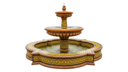 Ornate three-tiered fountain isolated PNG on transparent background, outdoor water feature with decorative tilework for garden design