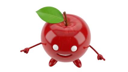 Cartoon red apple character PNG isolated on transparent background, cute fruit with arms and legs for kids design and healthy eating concepts