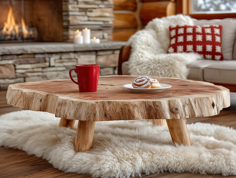Cozy Scandinavian style living room in winter featuring a lit fireplace, a sheep skin rug, a rustic wooden coffee table and coffee and cinnamon rolls.