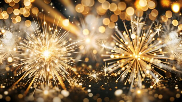 Dynamic digital abstract artwork featuring brilliant golden light bursts and sparkling confetti, evoking a festive and celebratory atmosphere with shimmering bokeh effects on a dark background - Powered by Adobe