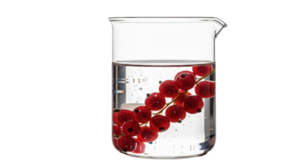 Red currant berries in a glass beaker with water isolated PNG, fresh fruit still life on transparent background for food and drink concepts