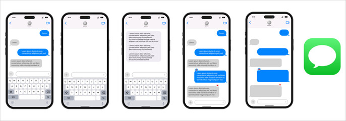 Set of smartphone text message app screens showing chat conversation UI