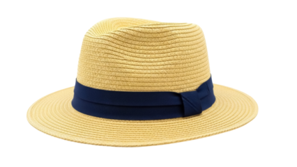Classic straw fedora hat with navy blue band isolated PNG, summer sun protection headwear for beach vacation and stylish outfit accessory