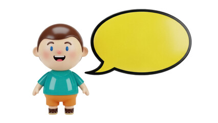 Obraz premium Cartoon boy with speech bubble PNG isolated on transparent background, 3D rendering of a cute character with a yellow thought cloud