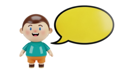 Cartoon boy with speech bubble PNG isolated on transparent background, 3D rendering of a cute character with a yellow thought cloud