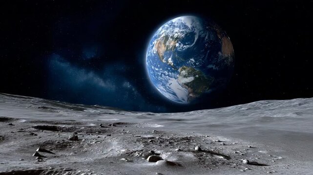 A picturesque view of planet Earth from the surface of the Moon. The camera slowly pulls away, revealing a panoramic view of the lunar landscape with craters against a backdrop of a starry sky and the