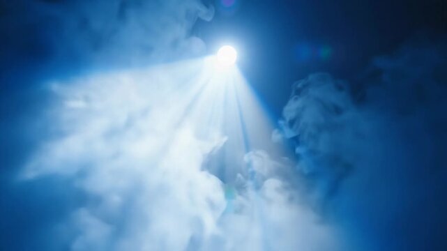 Mysterious celestial light beam piercing through ethereal smoky clouds with lens flares