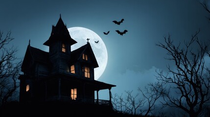 Spooky mansion silhouetted against a full moon, bats flying, bare trees framing the scene in a dark night