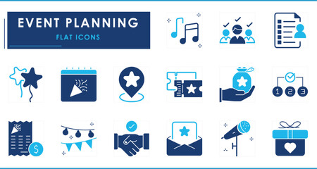 A set of flat icons related to Event Planning. Events, music, guests, celebration, date, plan, invite, bill, enjoy, and so on.